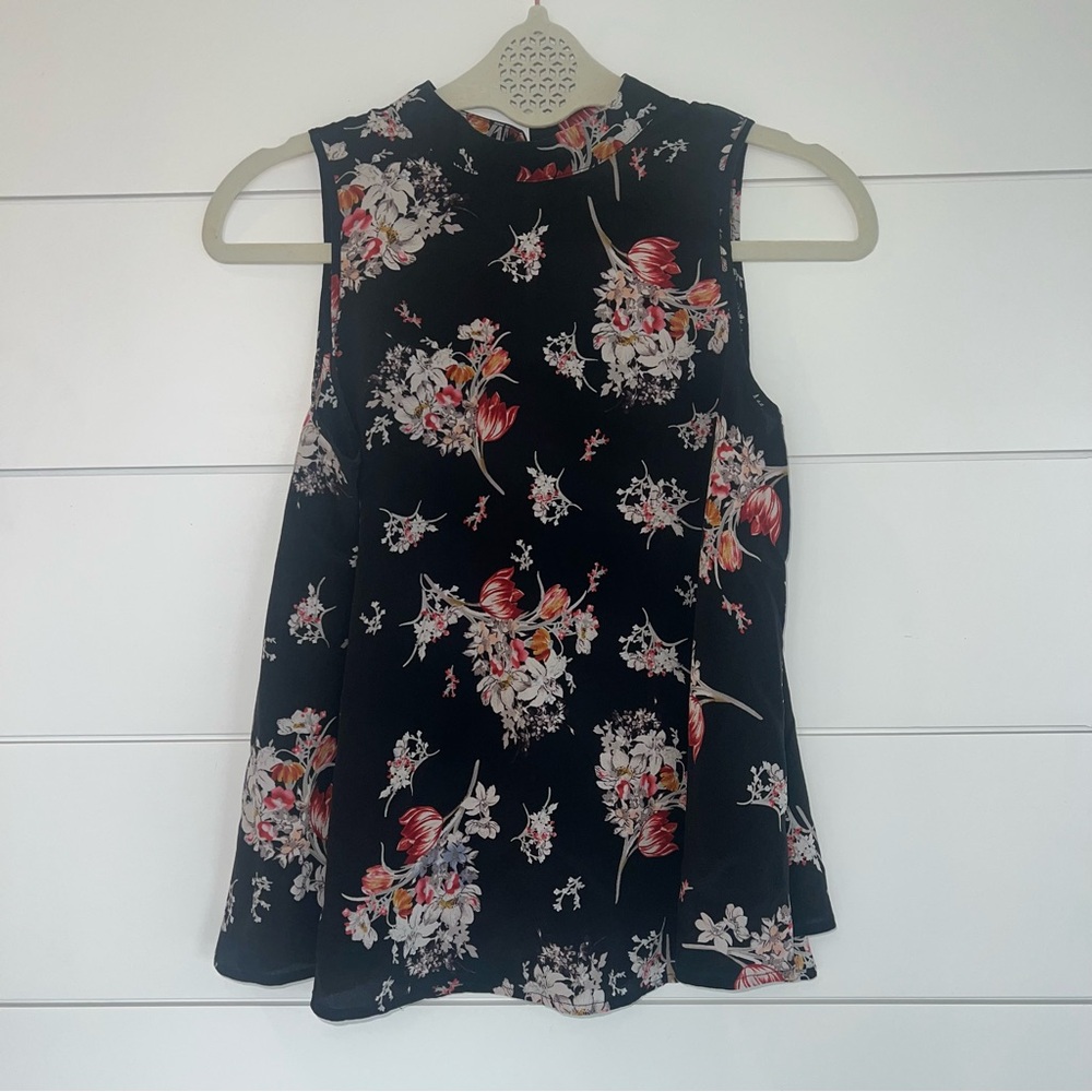 ANTHROPOLOGIE Maeve 100% Silk Floral Blouse XS Black Mock Neck Whimisigoth Boho